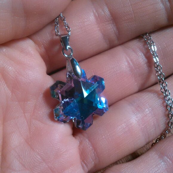 Mystic Color Crystal Snowflake Brass Pendant Stainless Steel Necklace - Picture 11 of 16